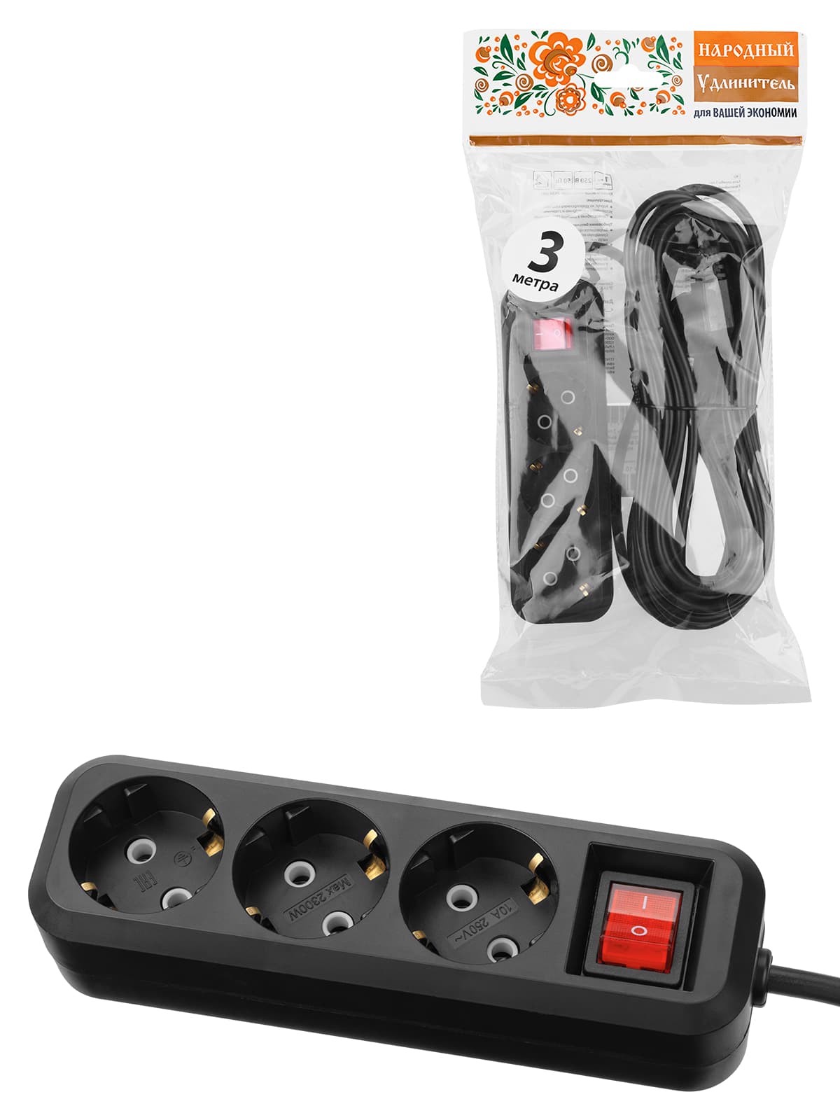 Удлинитель 3 гнезда, 3 метра, с/з, выкл., 10 А, 2300 Вт, черный, НАРОДНЫЙ У1-32055 (Ун1 321-0001)