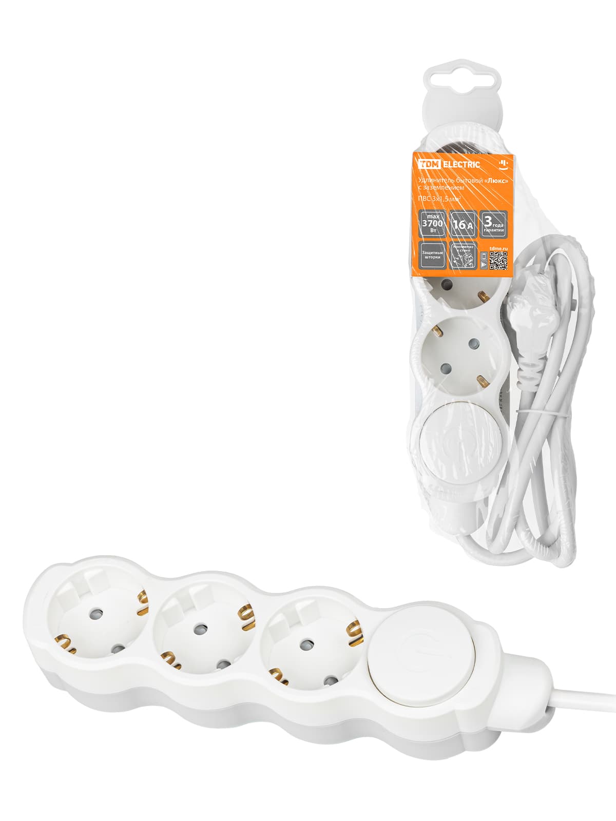 Удлинитель бытовой "Люкс" с выкл., 3 гнезда, 3 м, с/з, с з/ш, ПВС 3х1,5 мм2, 16 А, 250 В, 3700 Вт TDM У1-23221