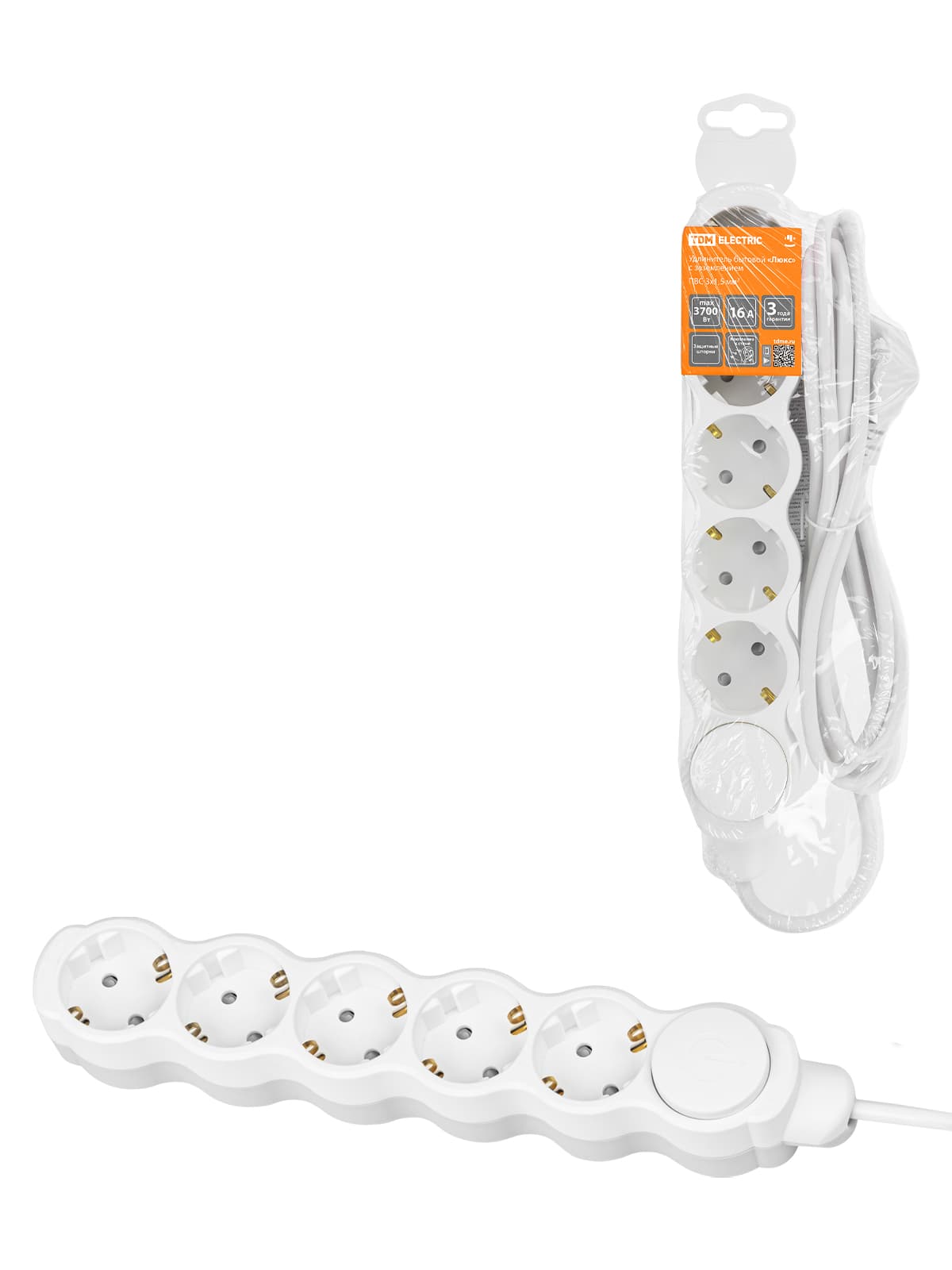 Удлинитель бытовой "Люкс" с выкл., 5 гнезд, 10 м, с/з, с з/ш, ПВС 3х1,5 мм2, 16 А, 250 В, 3700 Вт TDM  У1-63223