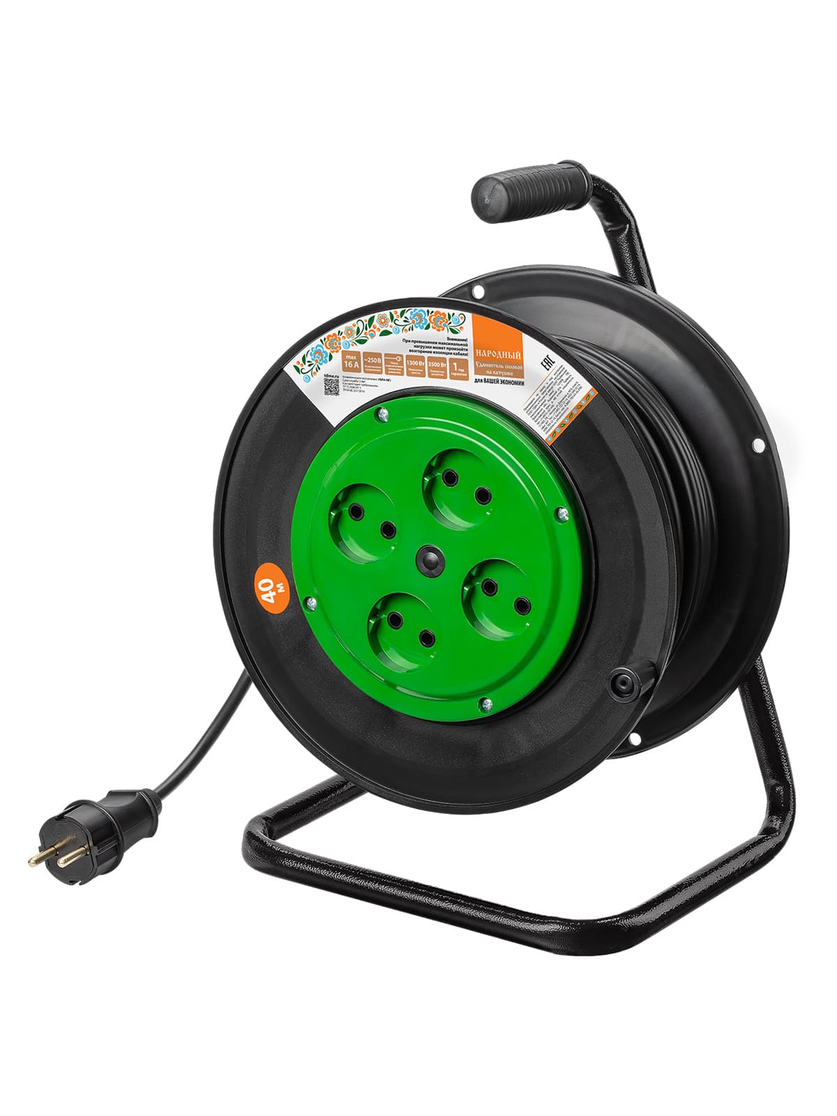 Удлинитель на катушке силовой народный 4 гнезда ПВС 3500 Вт б/з, 40м УС1-43131 (УСн 430 0001)