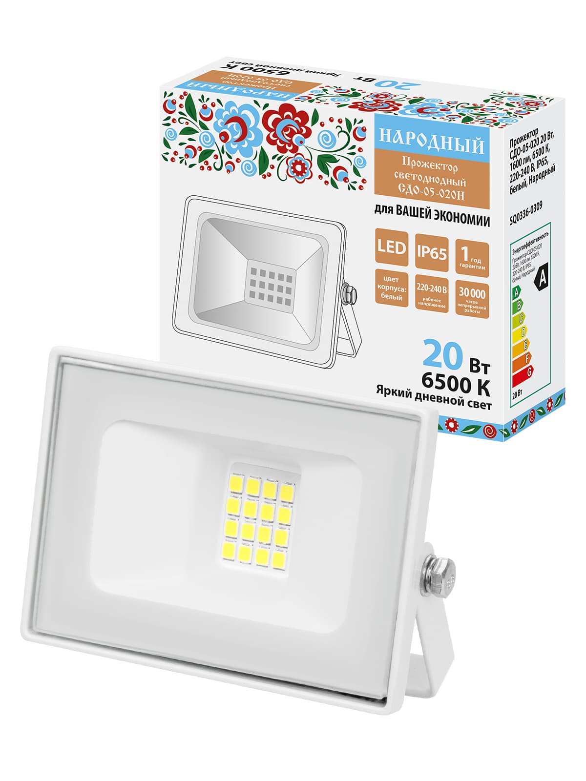 Прожектор СДО-05-020 20 Вт, 1600 лм, 6500 К, 220-240 В, IP65, белый, Народный