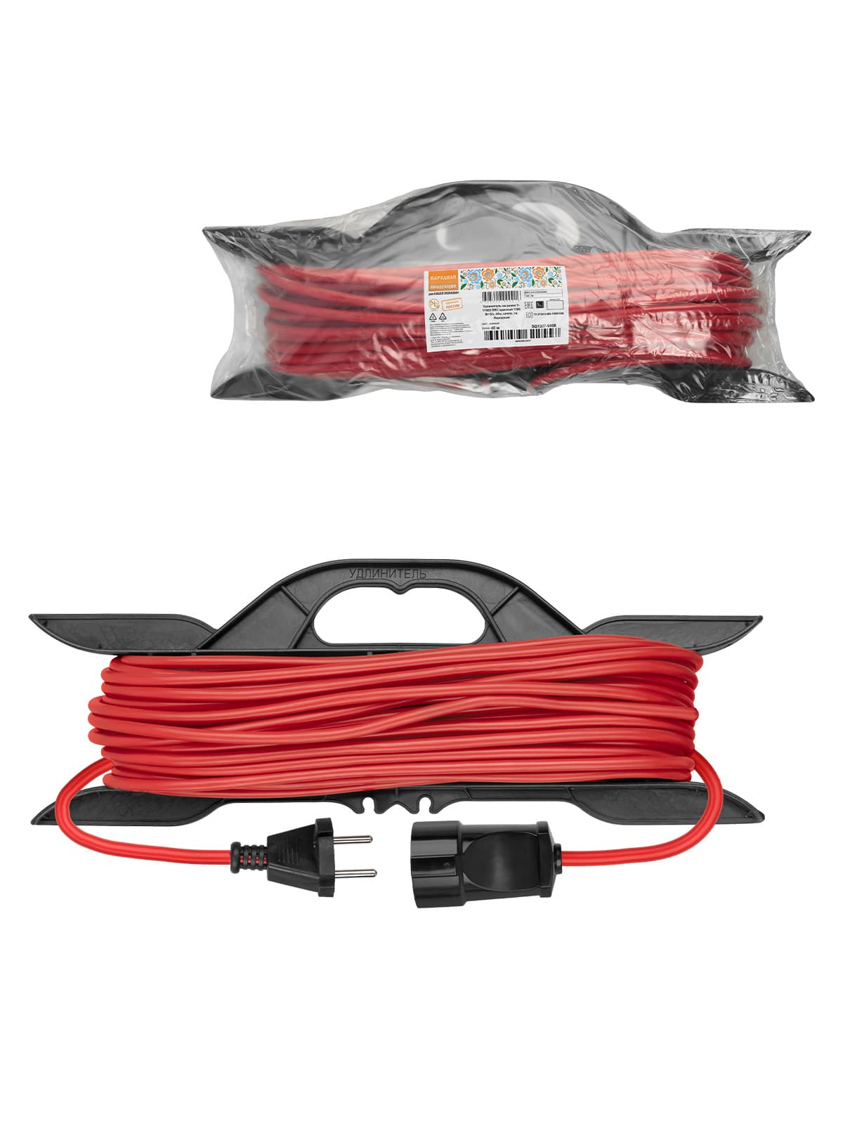 Удлинитель-шнур на рамке силовой У-11003 ПВС красный 1300 Вт б/з, 40м, штепс. гнездо Народный
