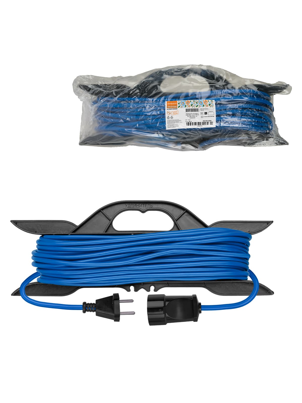 Удлинитель-шнур на рамке силовой У-11003 ПВС синий 1300 Вт б/з, 40м, штепс. гнездо Народный