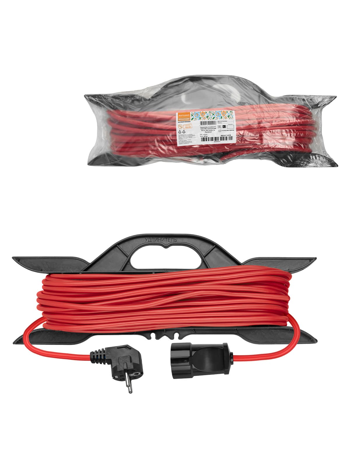 Удлинитель-шнур на рамке силовой У1-12033 ПВС красный 2200 Вт с/з, 20м, штепс. гнездо Народный