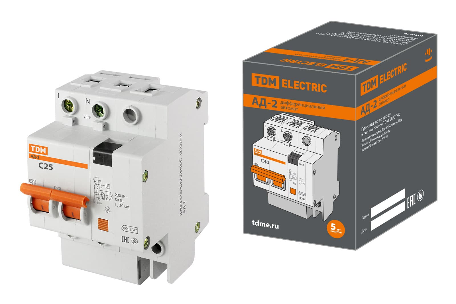 Дифференциальный автомат АД-2 2Р, C25, 30 мА, 4,5 кА, тип АС, TDM
