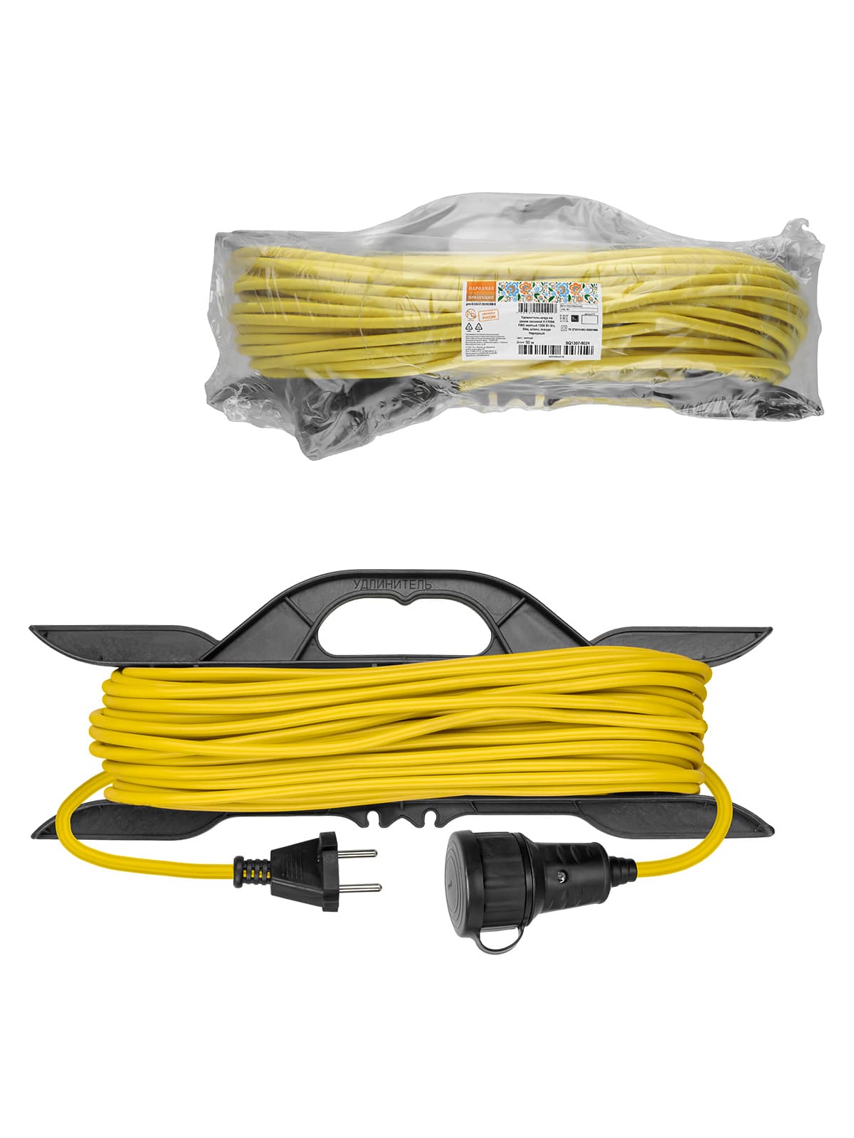 Удлинитель-шнур на рамке силовой У-11004 ПВС желтый 1300 Вт б/з, 50м, штепс. гнездо Народный