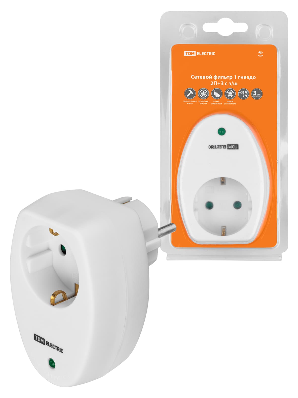 Сетевой фильтр 1 гнездо 2П+З с з/ш 16А 250В белый TDM