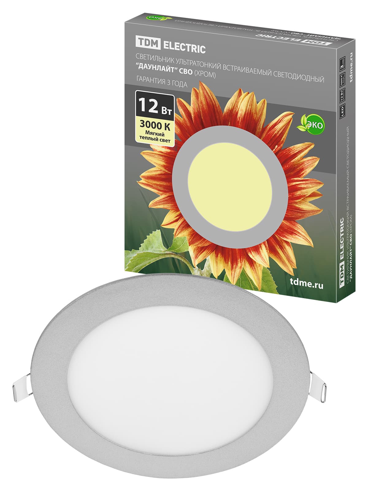 Светильник ультратонкий встраиваемый светодиодный "Даунлайт" СВО (хром) 12 Вт 3000К TDM