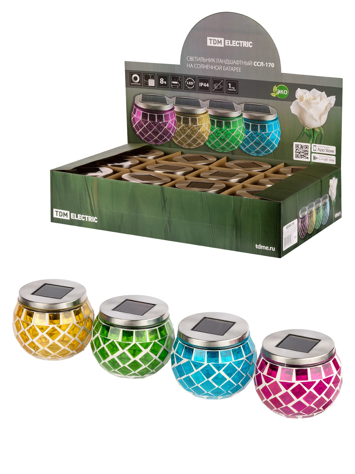 Светильник ландшафтный ССЛ-170 на солн.батарее, 9*9*10,стекло,зеленый,синий,желтый,фиолетовый,ДБ,TDM
