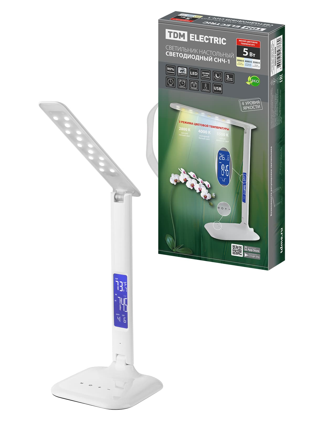 Светильник светодиодный-часы СНЧ-1, 5 Вт, календ., терм-р, 2800-5500 К, сенсор-димм, USB, белый, TDM