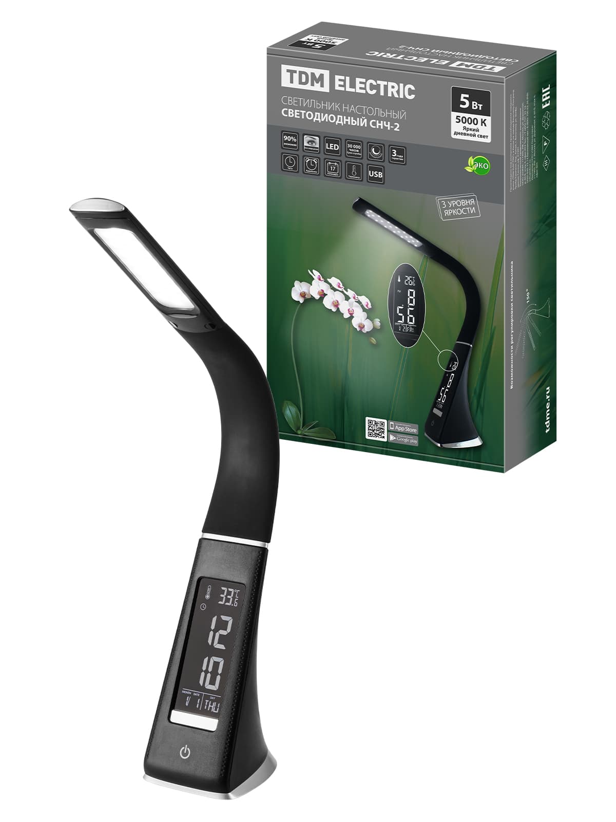 Светильник светодиодный-часы СНЧ-2, 5 Вт, календ., терм-р, 5000 К, сенсор-диммер, USB, черный, TDM