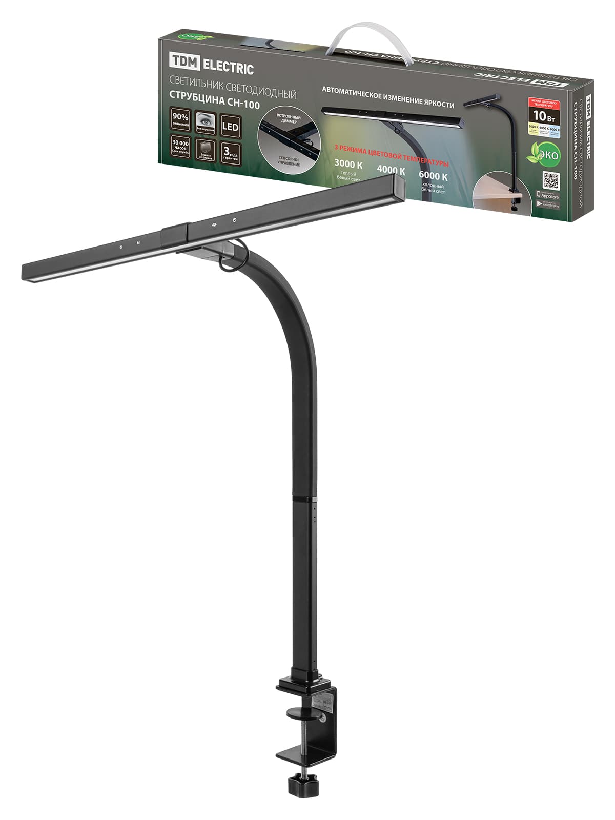 Светильник светодиод. струбцина СН-100, гибкий, сенс-димм, 10Вт, 3000-6000 К, авт.рег, черн. TDM