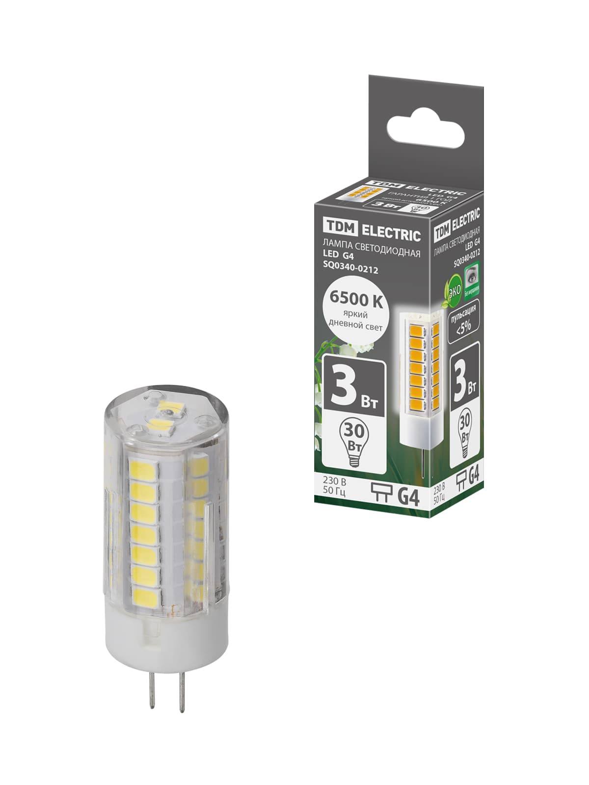 Лампа светодиодная G4-3 Вт-230 В-6500 К, SMD, 16x43 мм TDM