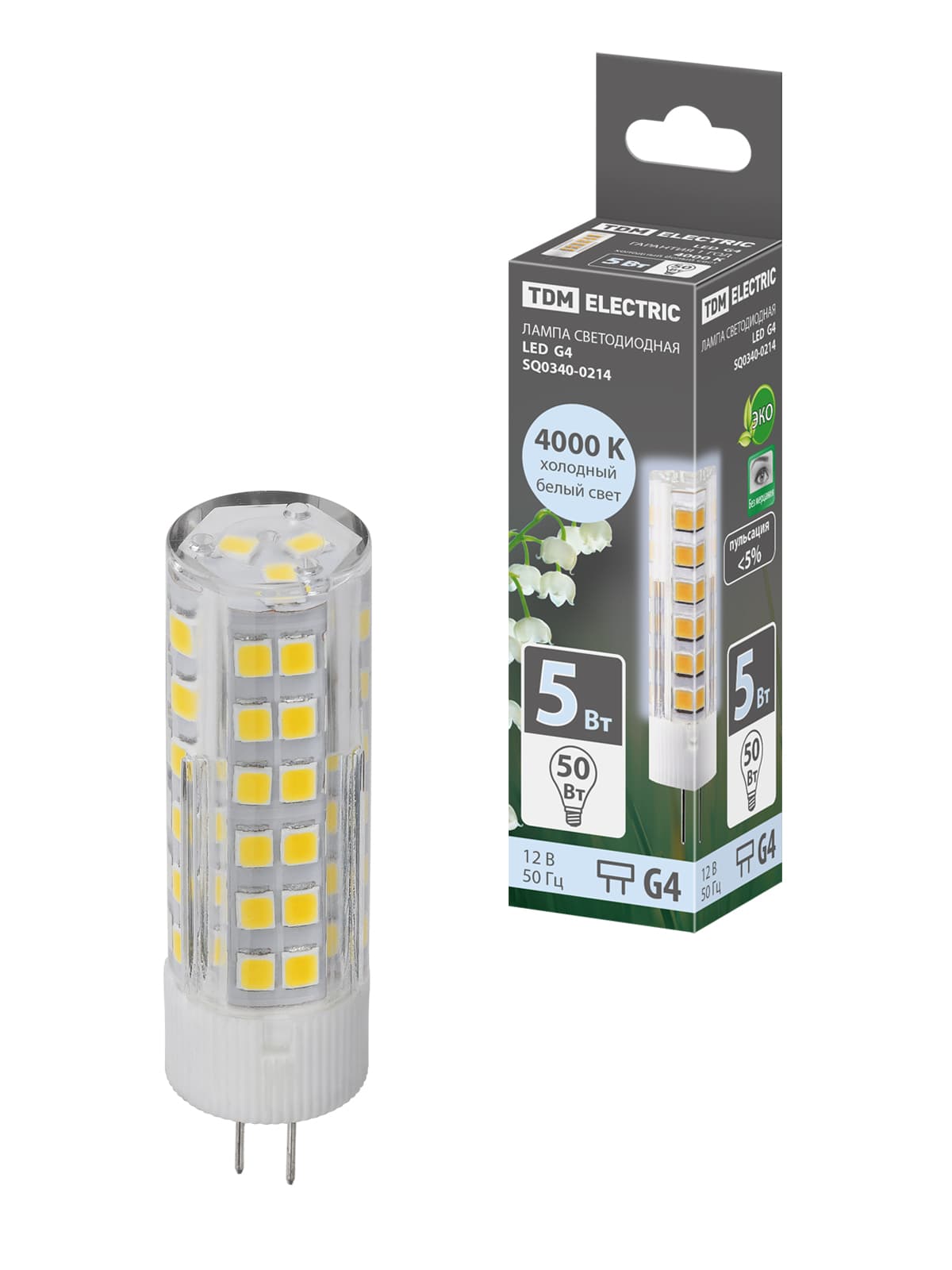 Лампа светодиодная G4-5 Вт-AC/DC 12 В-4000 К, SMD, 16x57 мм TDM