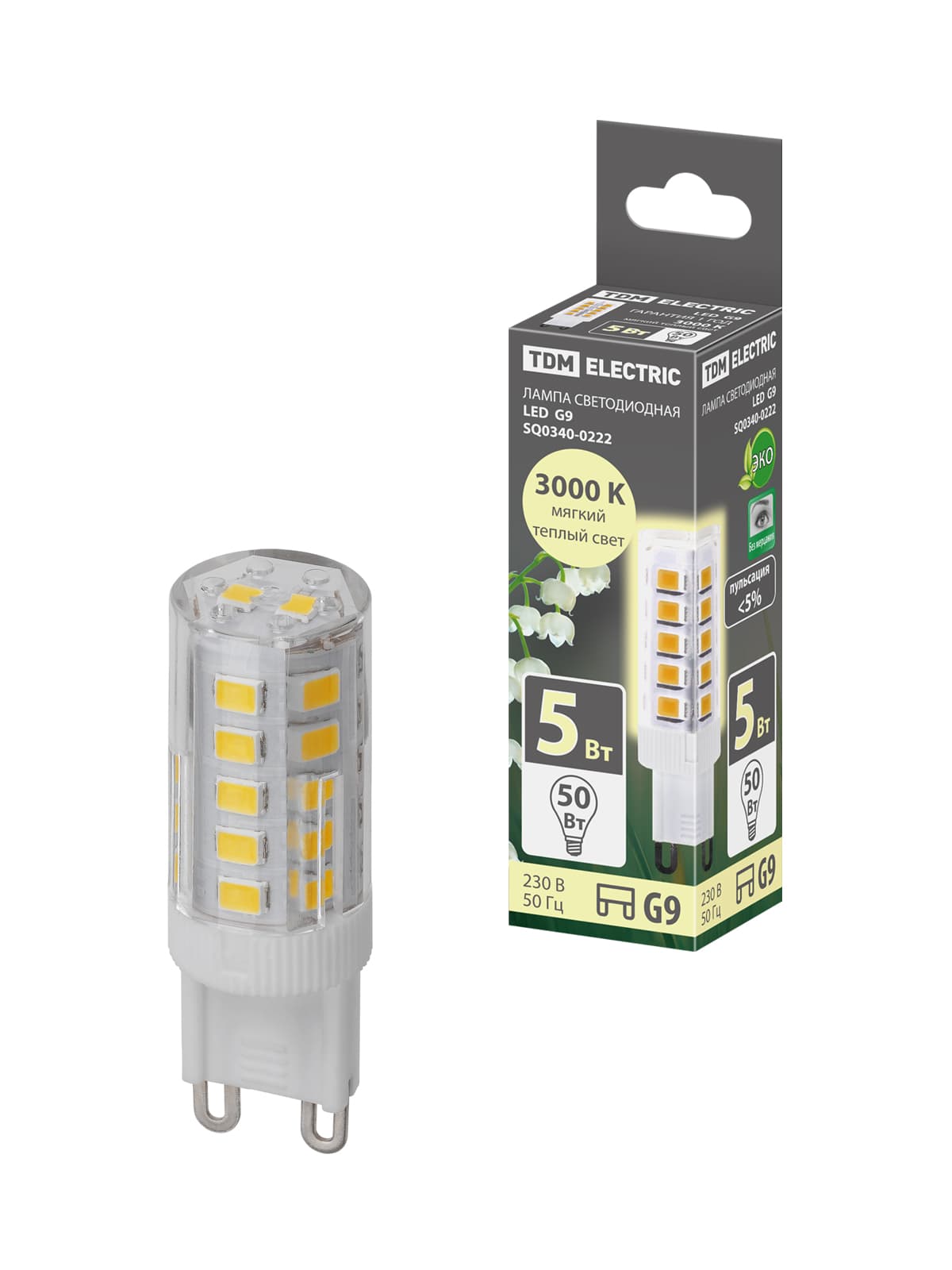 Лампа светодиодная G9-5 Вт-230 В-3000 К, SMD, 16x49 мм TDM