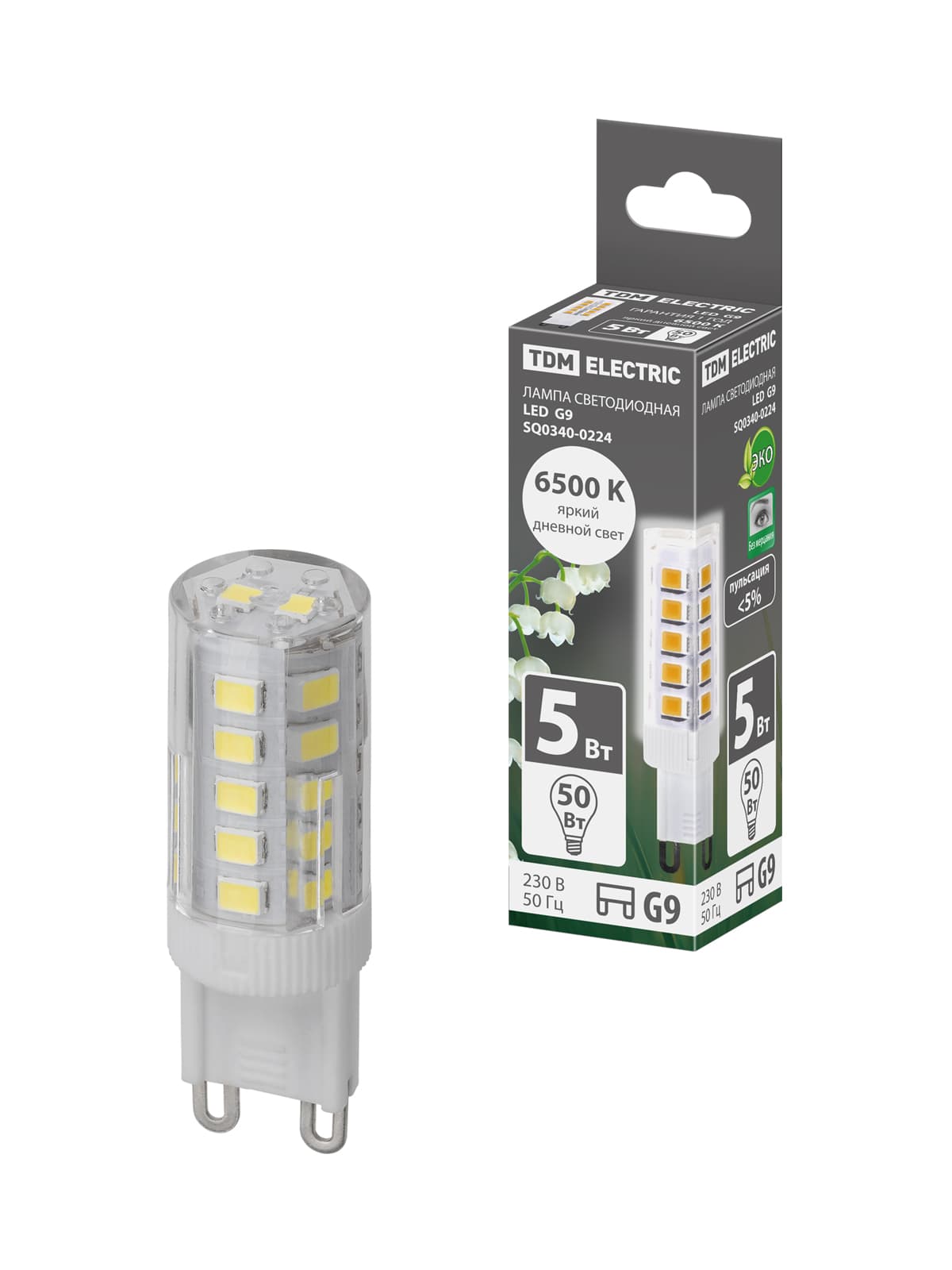 Лампа светодиодная G9-5 Вт-230 В-6500 К, SMD, 16x49 мм TDM