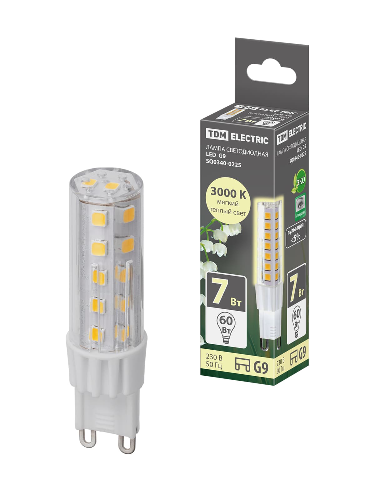 Лампа светодиодная G9-7 Вт-230 В-3000 К, SMD, 17,5x65,5 мм TDM