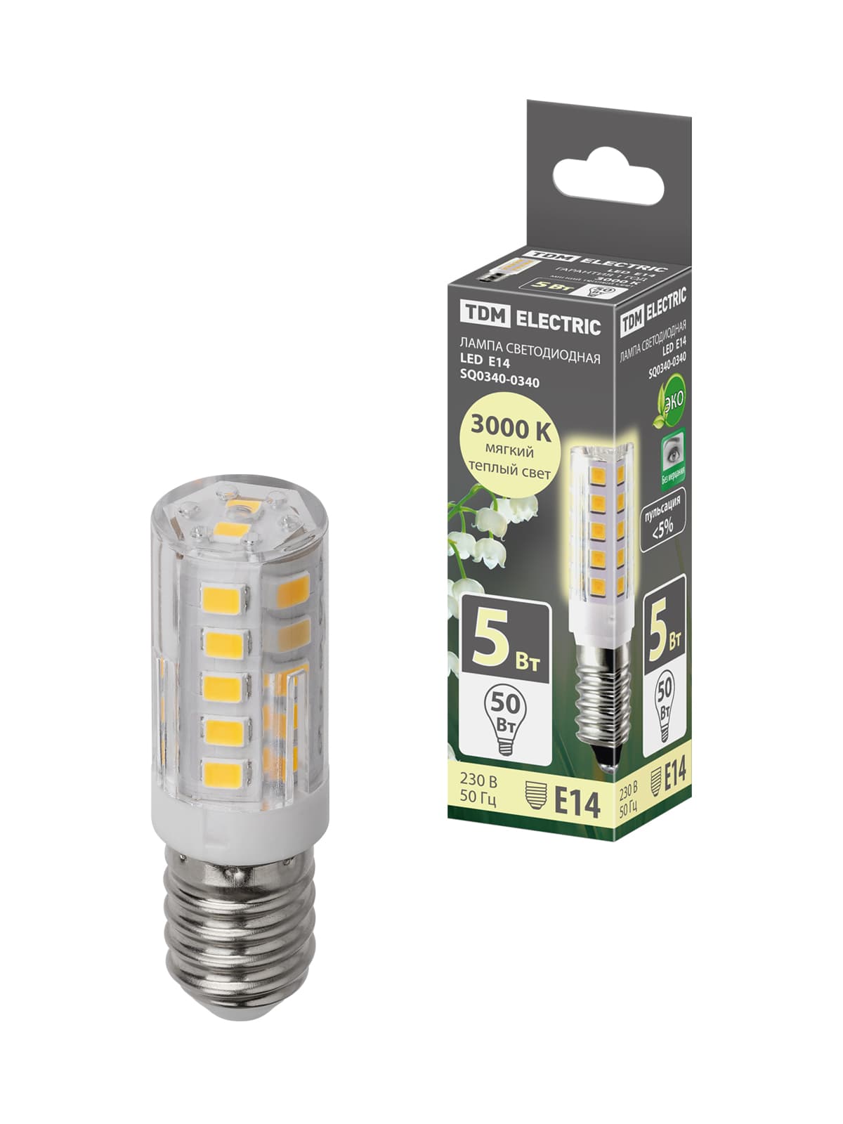 Лампа светодиодная Е14-5 Вт-230 В-3000 К, SMD, 16x54 мм TDM