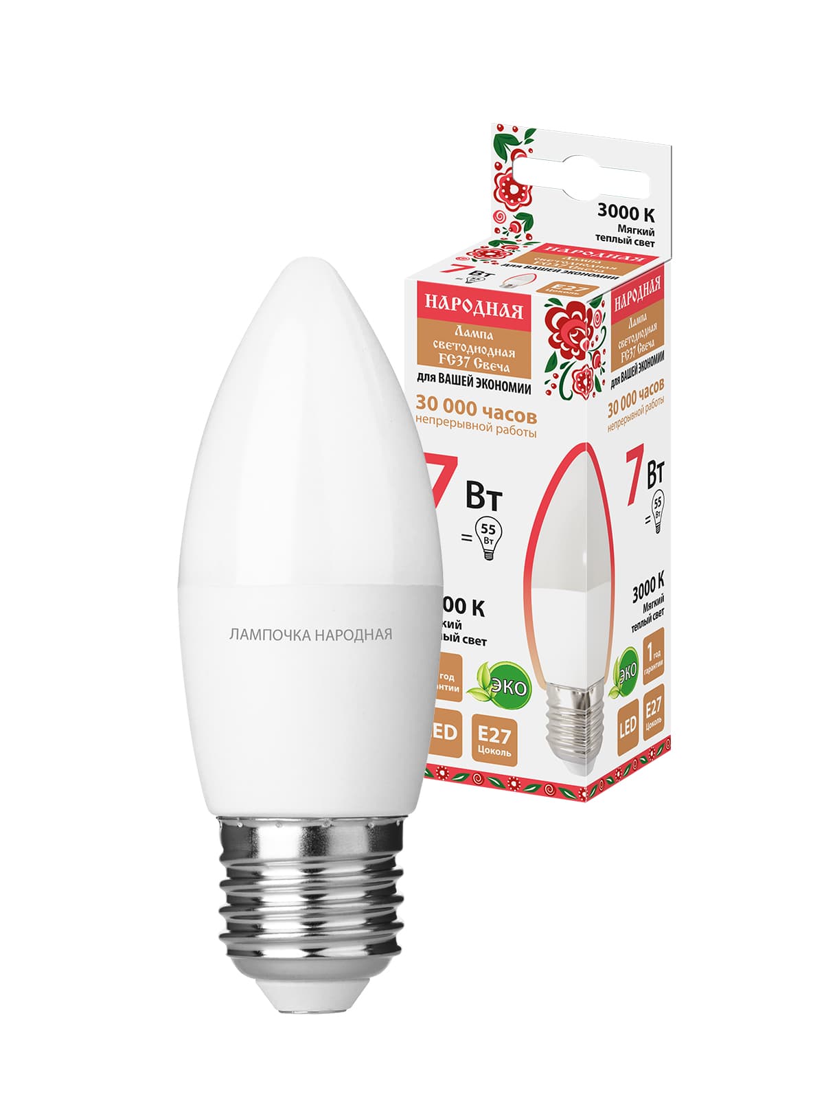 Лампа светодиодная FС37-7 Вт-230 В -3000 К–E27 Народная