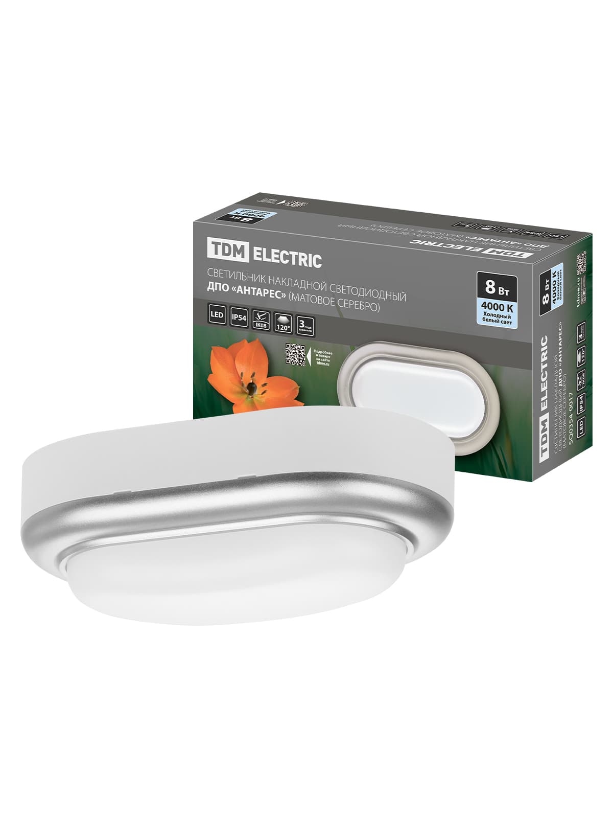 Светильник накладной LED ДПО "Антарес" 8Вт 4000К овал 168*100*58 мм мат.серебро IP54 TDM