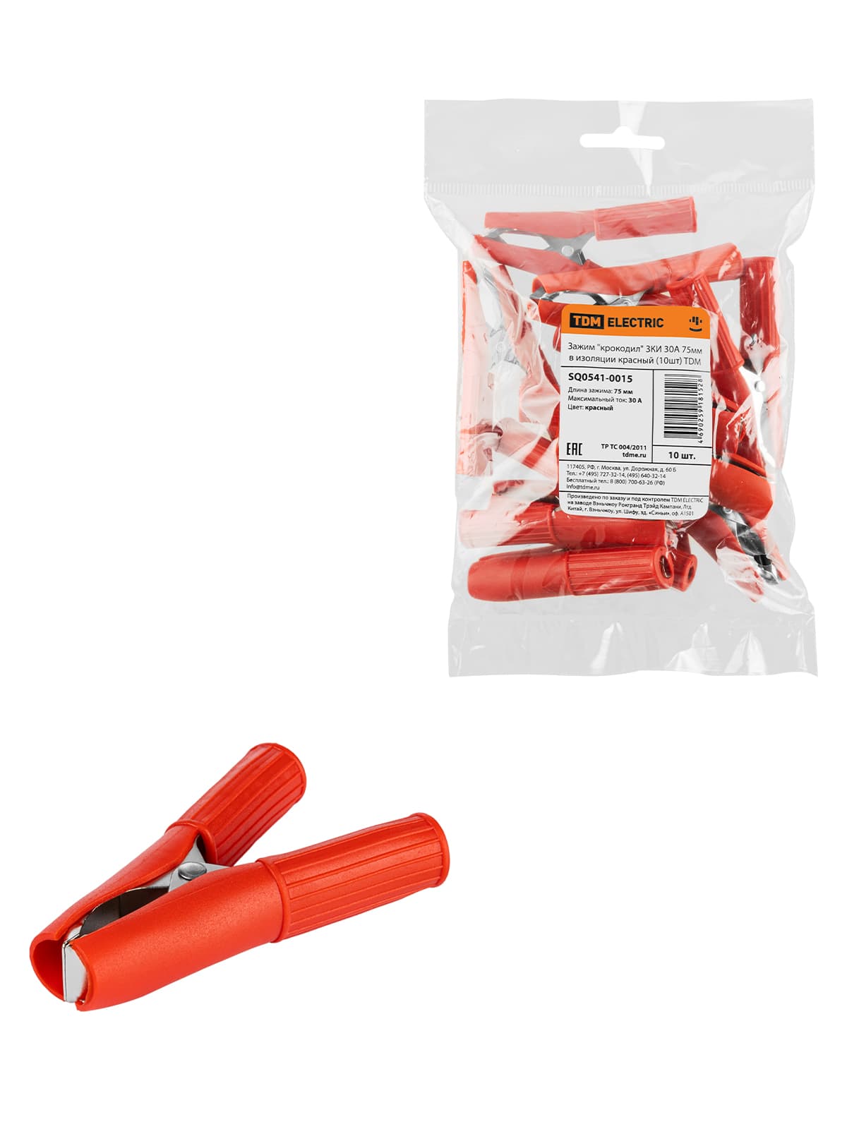 Зажим "крокодил" ЗКИ 30А 75мм в изоляции красный (10шт) TDM