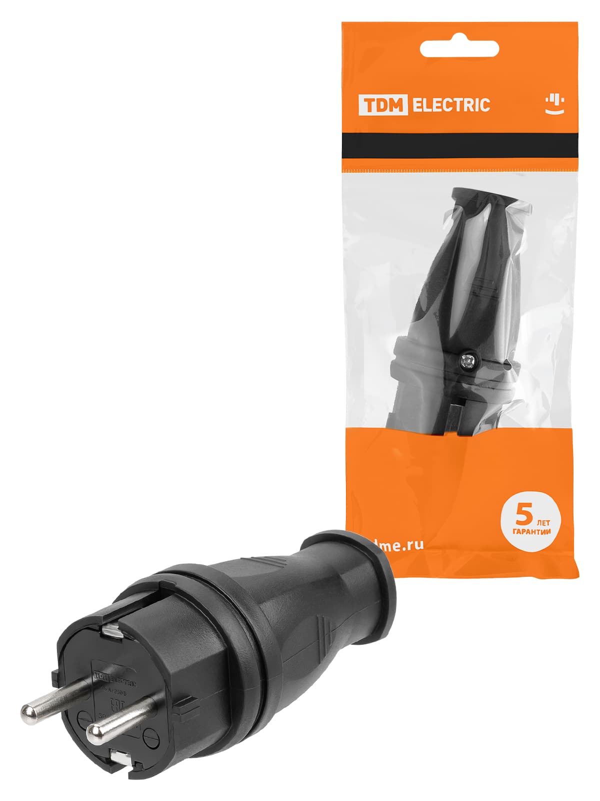 Вилка прямая каучук, 2Р+РЕ, 16А, 250В, IP44, черная TDM