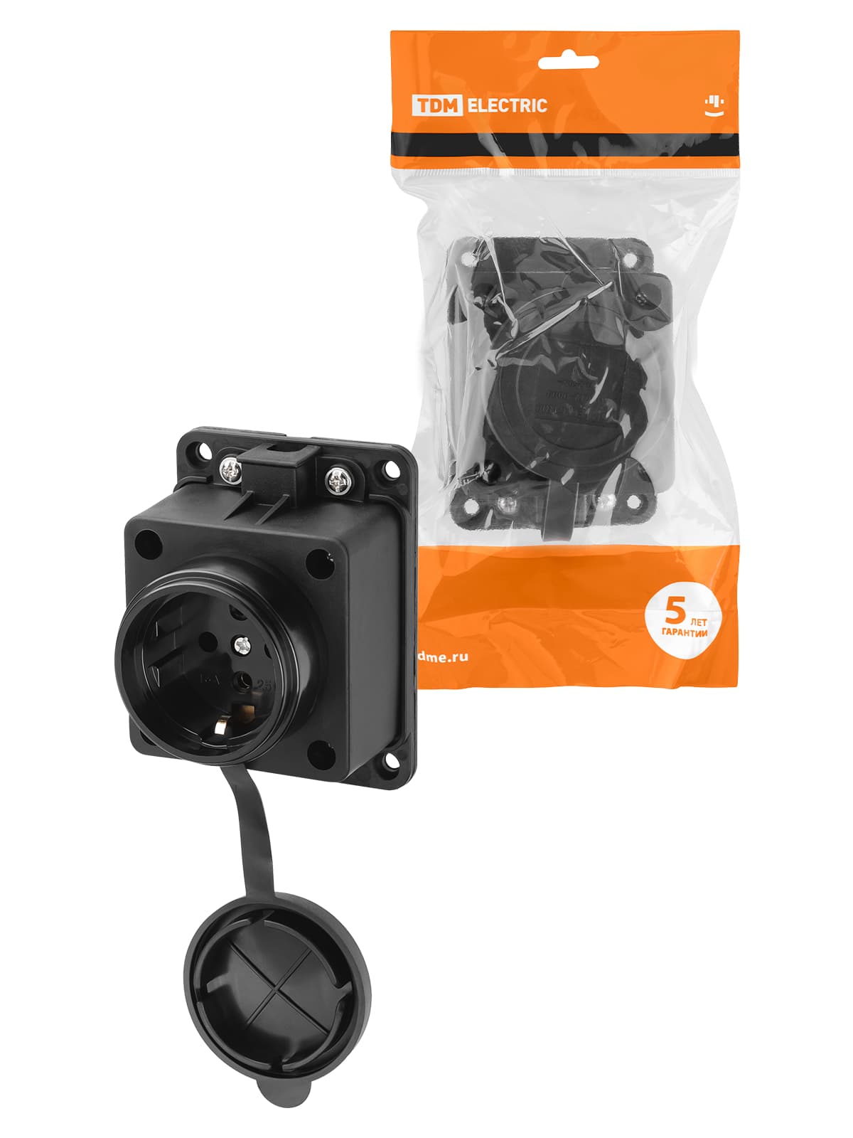 Розетка настенная с заглушкой каучук, 2Р+РЕ, 16А, 250В, IP44, черная TDM