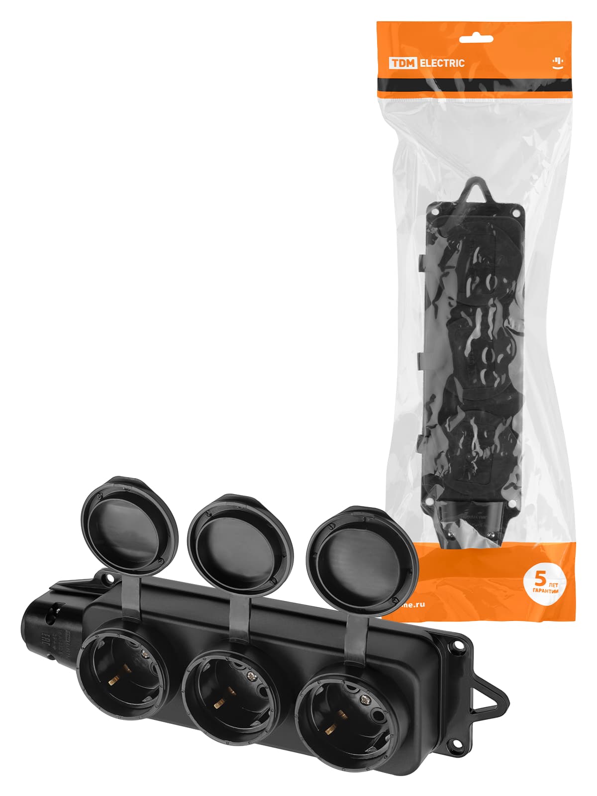 Розетка трехместная с заглушками каучук, 2Р+РЕ, 16А, 250В, IP44, черная TDM