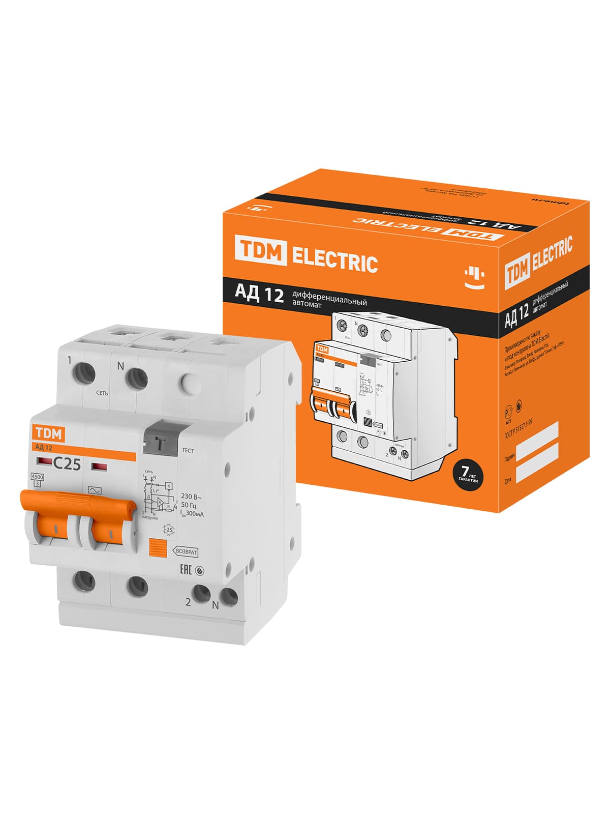 Диф.автомат АД12 2Р 25А 300мА TDM