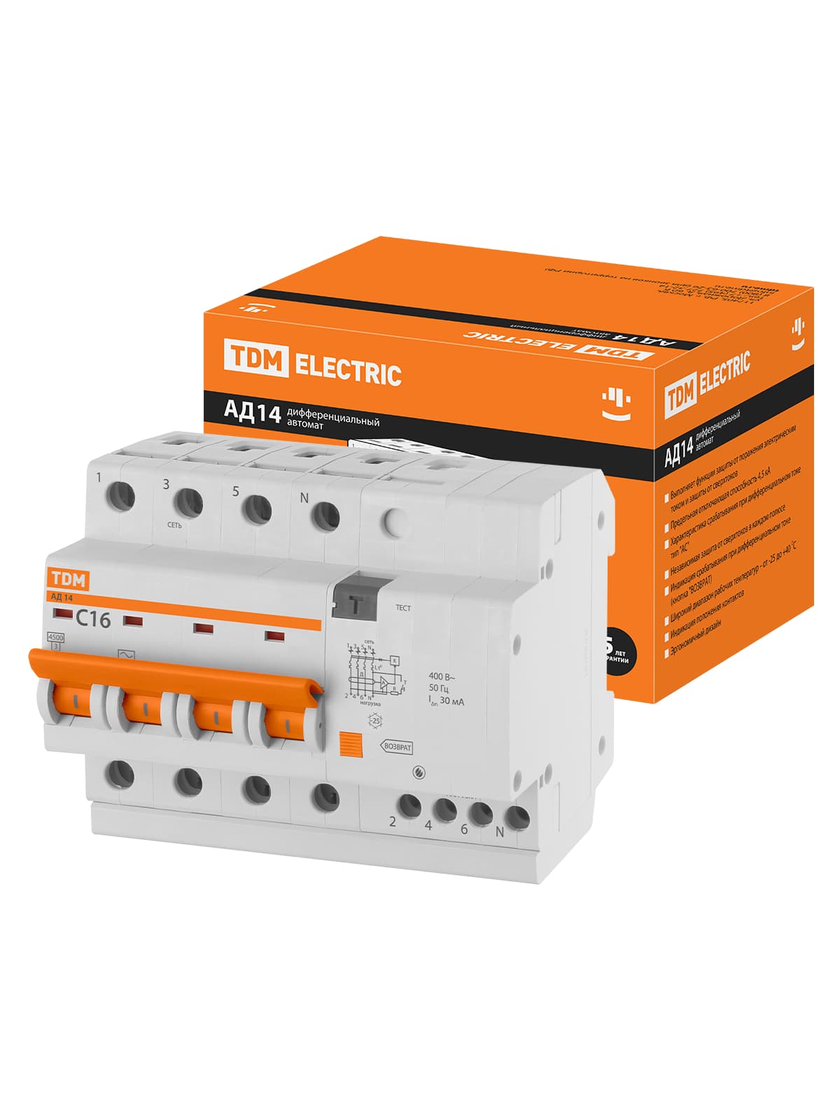Диф.автомат АД14 4Р 16А 30мА TDM