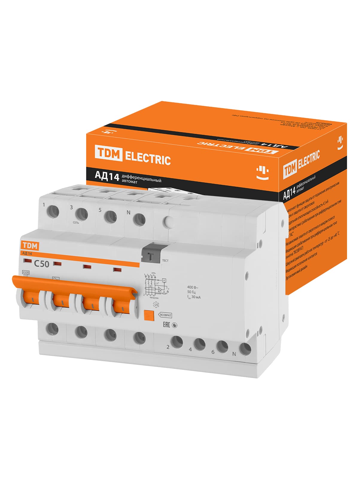 Диф.автомат АД14 4Р 50А 30мА TDM