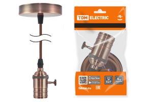 Патрон Е27 с выключателем с подвесом 1 м, металлический "Лофт", медь TDM