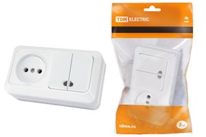 Блок комбинированный выключатель 2-кл. 10А с подсветкой + розетка 2П 10А 250В БКВР IP20 белый "Ладога" TDM