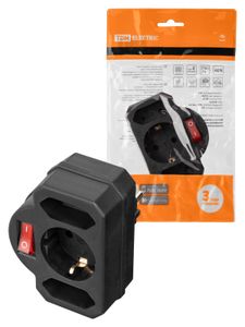 Блок на 3 гнезда с выключателем с индикацией: 1x2П+3 16А+2х2П 2,5А под плоскую вилку 250B черный TDM