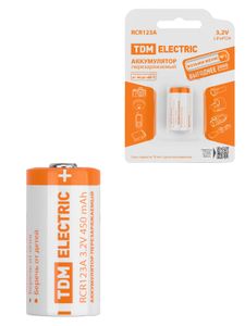 Аккумулятор RCR123A 3,2 В 450 м*Ач Li-Ion, BP-1, TDM