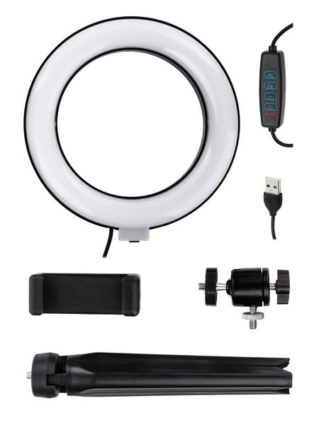 Лампа кольцевая светодиодная 16 см, 6 Вт, 2700-6400 К, штатив наст., диммер, USB, TDM