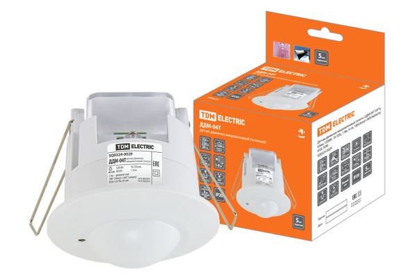 Датчик движения микроволновый (точечн.) ДДМ-04Т 5,8ГГц, 65мм, 1200Вт, 10-720с, 1-8м, 3+лк, 180(сбоку)+360(сверху)гр, IP20, TDM