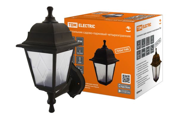 Светильник садово-парковый НБУ 04-60-001 четырехгранник, настенный, пластик, расс.пластик, черный TDM