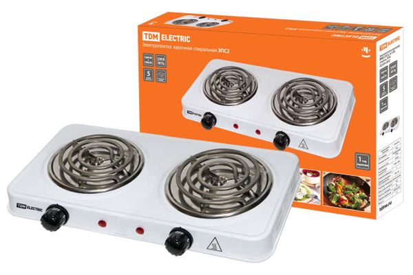 Электроплитка двухконф.ЭПС2 230 В, 2х1 кВт, спираль, белая, TDM