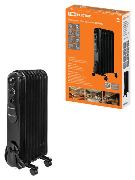 Масляный обогреватель МО-9К, чёрный, 2000 Вт, 9 сек, рег. мощ. (800/1200/2000 Вт), термостат, TDM