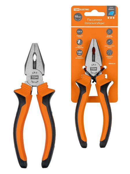 Пассатижи (плоскогубцы), с двухкомпонентными рукоятками,  CR-V сталь 160 мм, серия "Алмаз" TDM