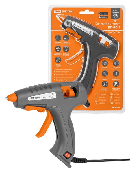 Клеевой пистолет КП-40-1, 7 мм, подставка, выключатель, шнур 1,3 м, 40 Вт, Т=220 С "Гранит" TDM