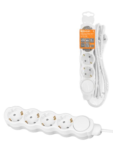 Удлинитель бытовой "Люкс" УЛ04В выкл, 4 гнезда, 7м, с/з, с з/ш, ПВС 3х1мм2 16А/250В бело-серый TDM