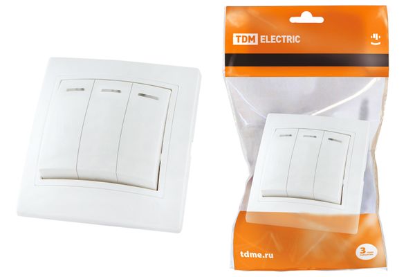 Выключатель 3 кл. с подсветкой 10А (основание пластик) белый "Таймыр" TDM