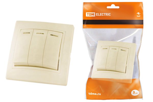 Выключатель 3 кл. с подсветкой 10А (основание пластик) сл. кость "Таймыр" TDM