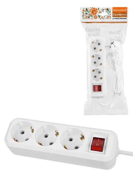 Удлинитель 3 гнезда, 10 метров, с/з, выкл., 16 А, 3680 Вт, белый, НАРОДНЫЙ У1-33058 (Ун1 331-0001)