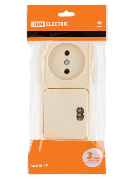 Блок комбинированный выключатель 1-кл. с подсветкой 10А + розетка 2П 10А 250В БКВР IP20 сл. кость "Ладога" TDM