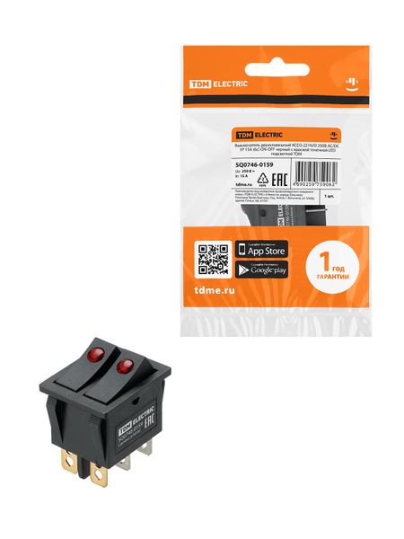 Выключатель двухклавишный KCD3-221N/D 250В AC/DC 1P 15А (6с) ON-OFF черный с красной точечной LED подсветкой TDM