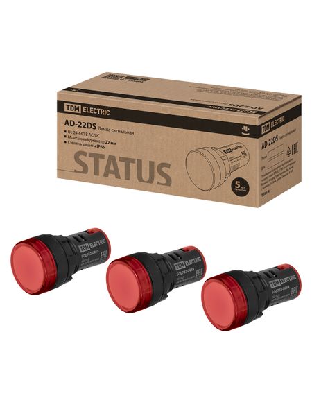 STATUS Лампа сигнальная AD-22DS, LED, d22 мм, 24-440 В AC/DC, IP65, красный TDM