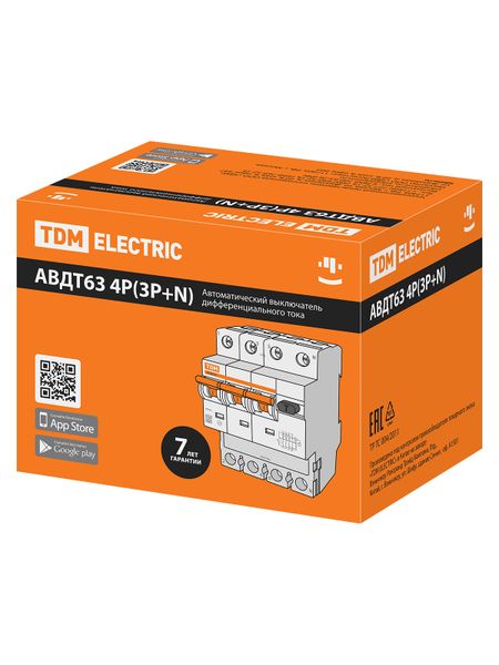 АВДТ 63 4P(3Р+N) C40 100мА 6кА тип А - Автоматический Выключатель Дифференциального тока TDM